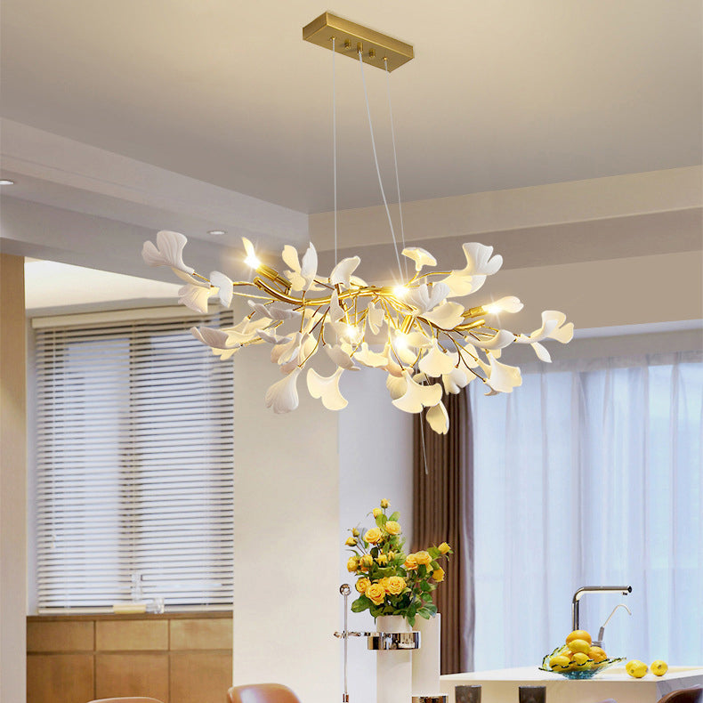 Elegant French Ginkgo Leaf Iron and Ceramic Chandelier for Bedroom