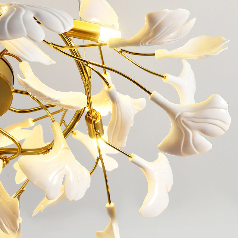 Elegant French Ginkgo Leaf Iron and Ceramic Chandelier for Bedroom