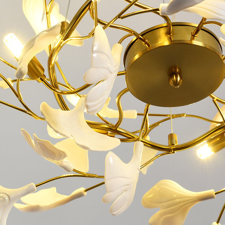 Elegant French Ginkgo Leaf Iron and Ceramic Chandelier for Bedroom