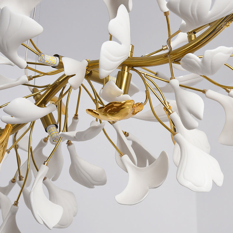 Elegant French Ginkgo Leaf Iron and Ceramic Chandelier for Bedroom