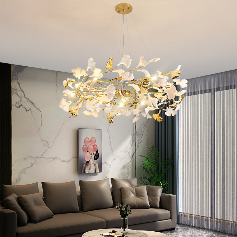 Elegant French Ginkgo Leaf Iron and Ceramic Chandelier for Bedroom