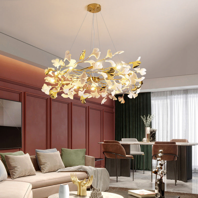 Elegant French Ginkgo Leaf Iron and Ceramic Chandelier for Bedroom