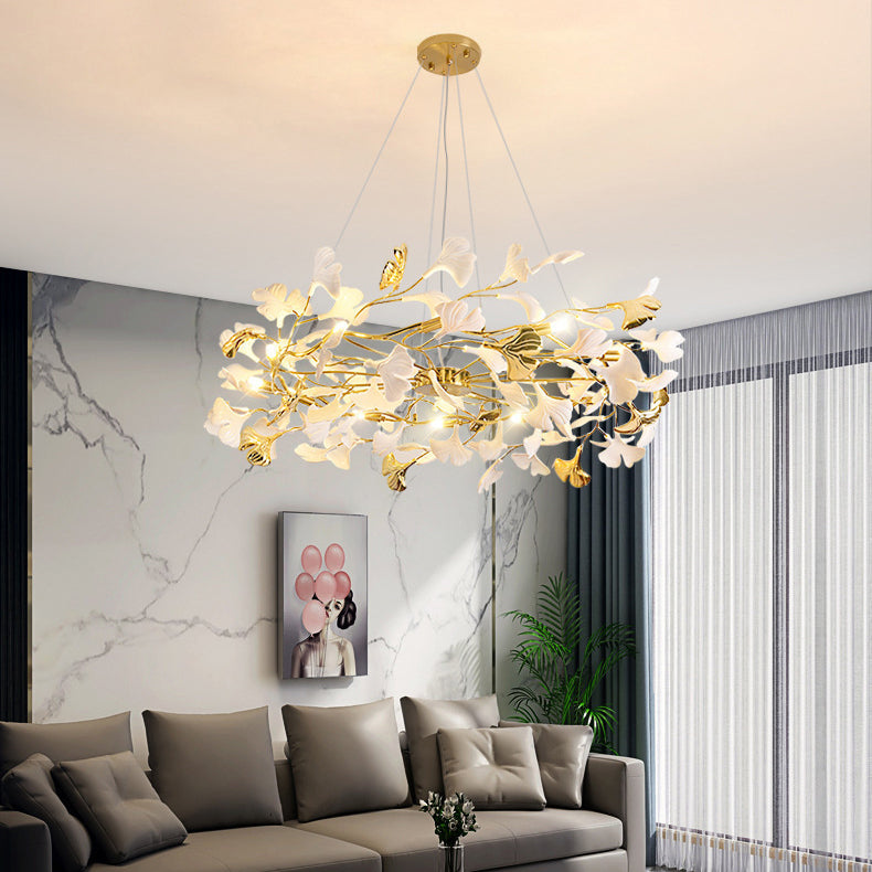 Elegant French Ginkgo Leaf Iron and Ceramic Chandelier for Bedroom