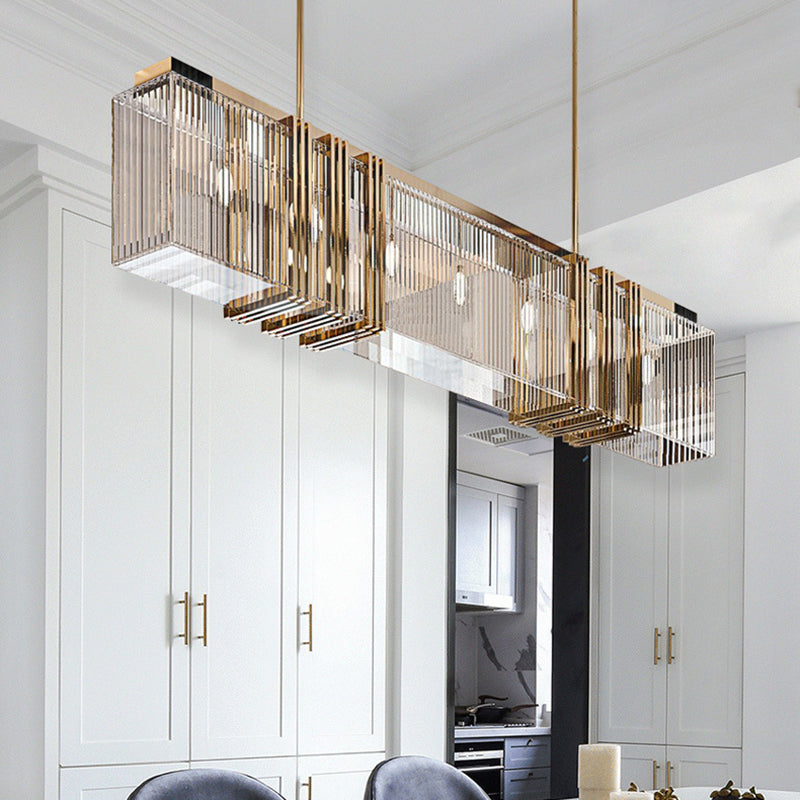 Modern Stainless Steel Rectangle Chandelier with Glass Lights for Dining Room