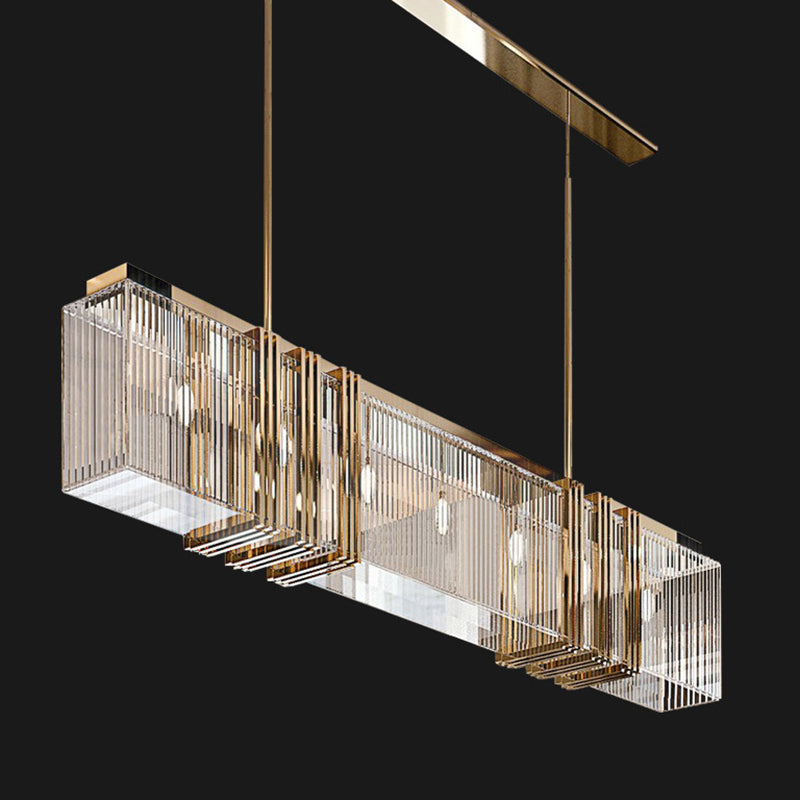 Modern Stainless Steel Rectangle Chandelier with Glass Lights for Dining Room