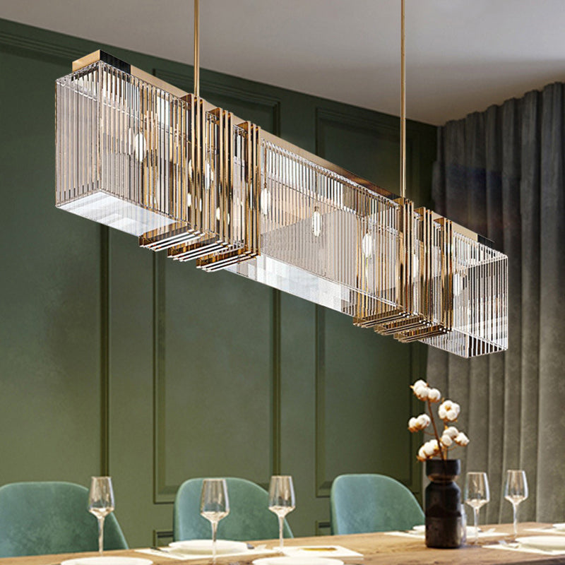 Modern Stainless Steel Rectangle Chandelier with Glass Lights for Dining Room