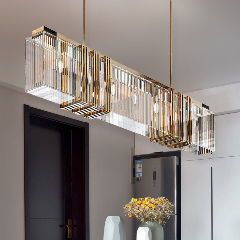 Modern Stainless Steel Rectangle Chandelier with Glass Lights for Dining Room