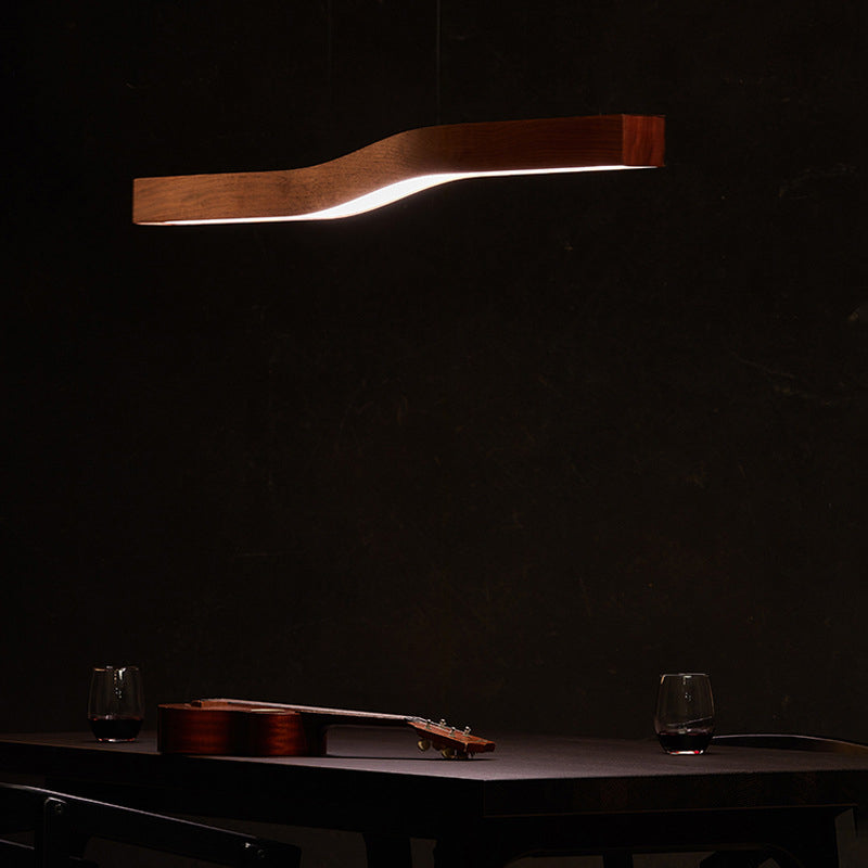 Modern Wood Grain Iron LED Linear Chandelier for Stylish Dining Rooms