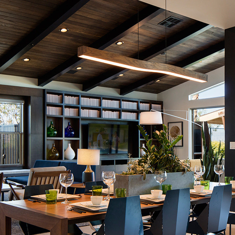 Modern Wood Grain Iron LED Linear Chandelier for Stylish Dining Rooms