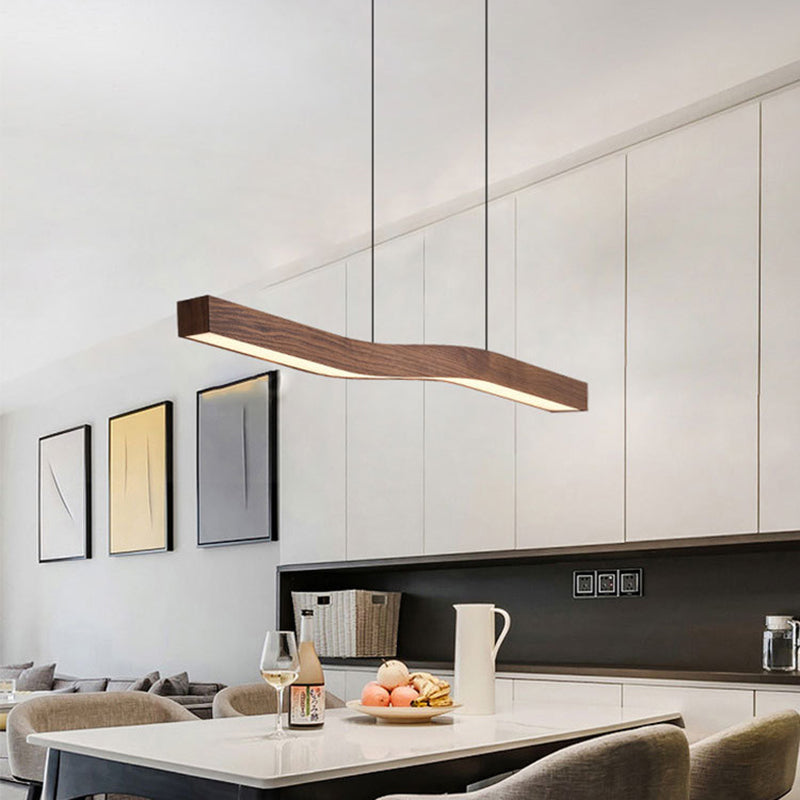 Modern Wood Grain Iron LED Linear Chandelier for Stylish Dining Rooms