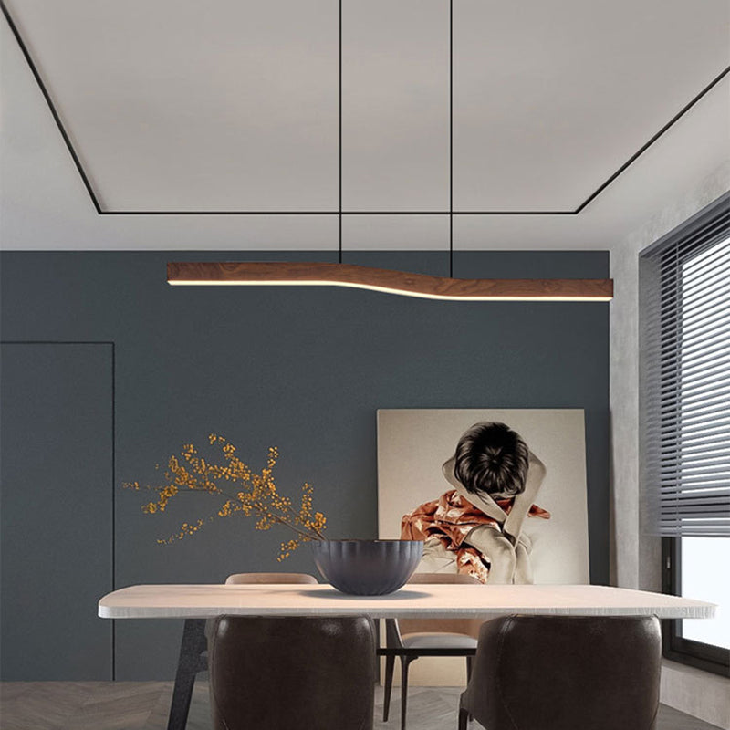 Modern Wood Grain Iron LED Linear Chandelier for Stylish Dining Rooms