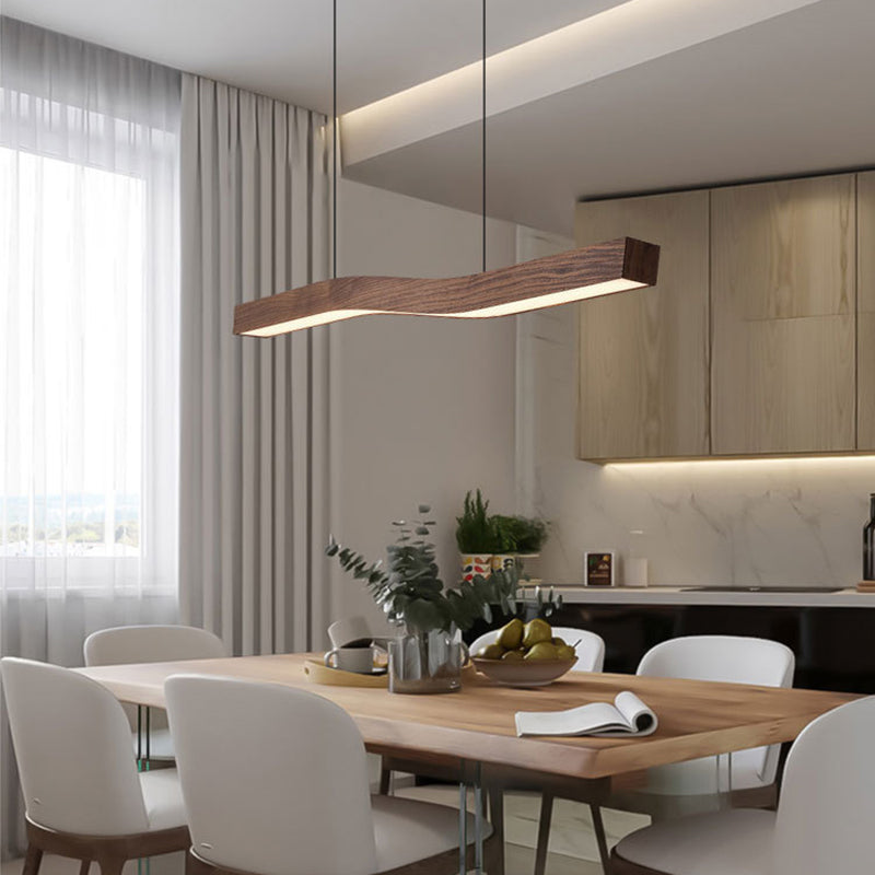 Modern Wood Grain Iron LED Linear Chandelier for Stylish Dining Rooms