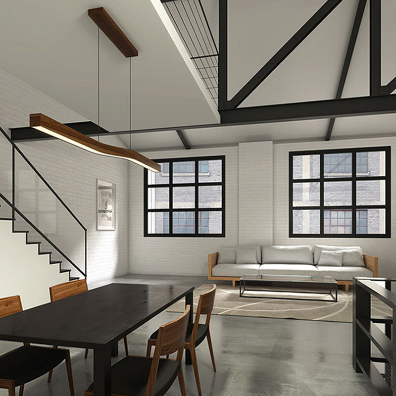 Modern Wood Grain Iron LED Linear Chandelier for Stylish Dining Rooms