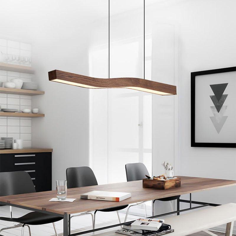 Modern Wood Grain Iron LED Linear Chandelier for Stylish Dining Rooms
