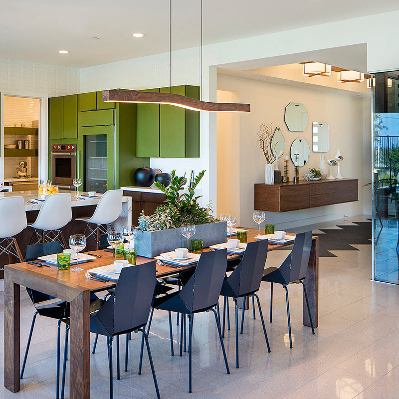 Modern Wood Grain Iron LED Linear Chandelier for Stylish Dining Rooms