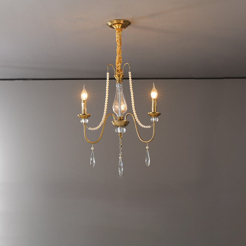 Elegant French Pearl Round Iron Crystal Chandelier for Living Room