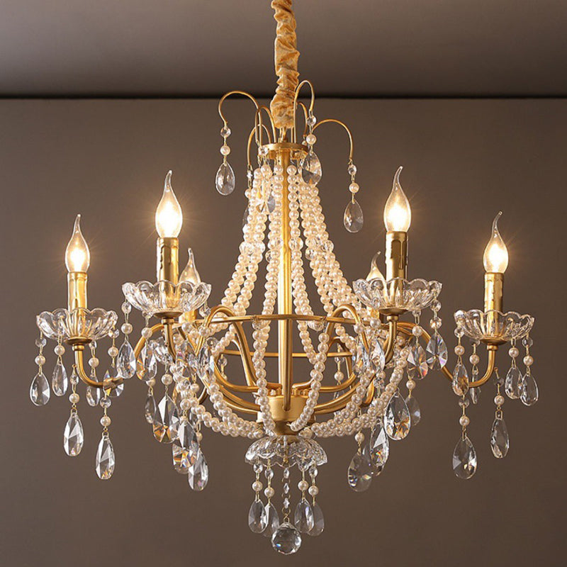 Elegant French Pearl Round Iron Crystal Chandelier for Living Room