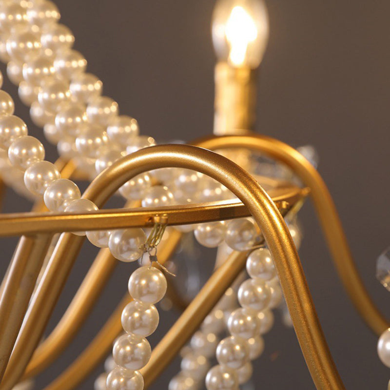 Elegant French Pearl Round Iron Crystal Chandelier for Living Room