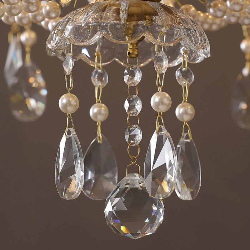Elegant French Pearl Round Iron Crystal Chandelier for Living Room