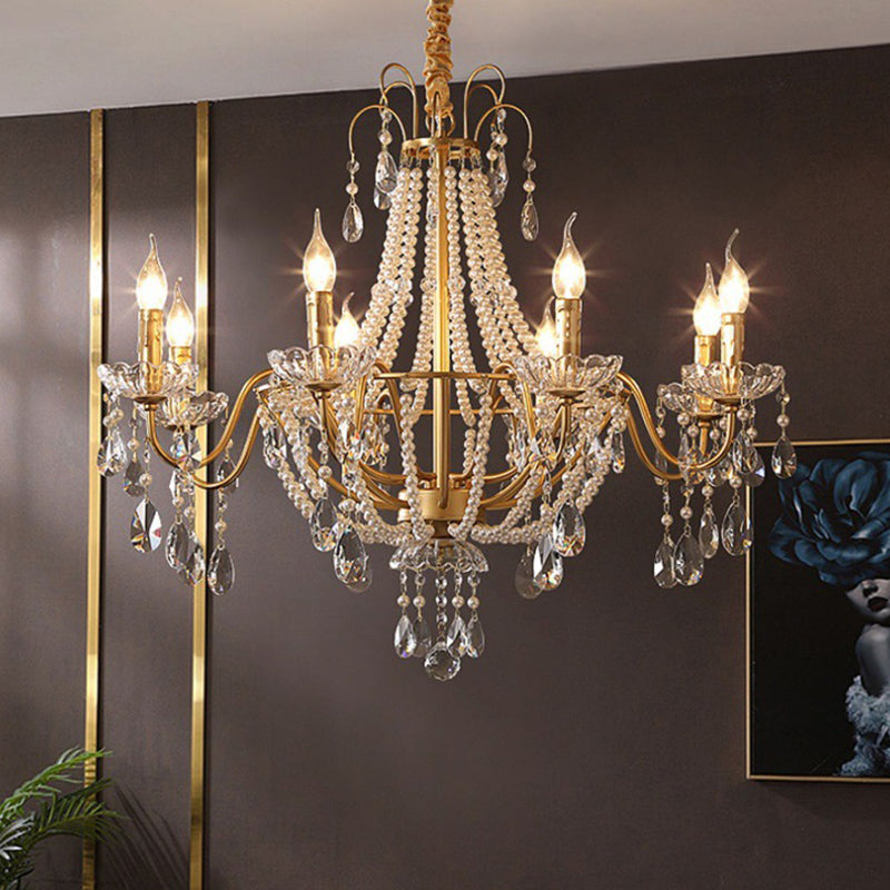 Elegant French Pearl Round Iron Crystal Chandelier for Living Room