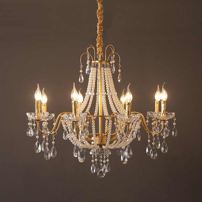 Elegant French Pearl Round Iron Crystal Chandelier for Living Room