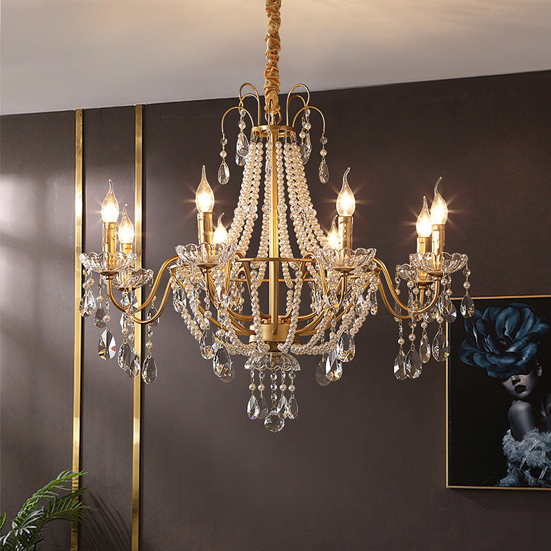 Elegant French Pearl Round Iron Crystal Chandelier for Living Room