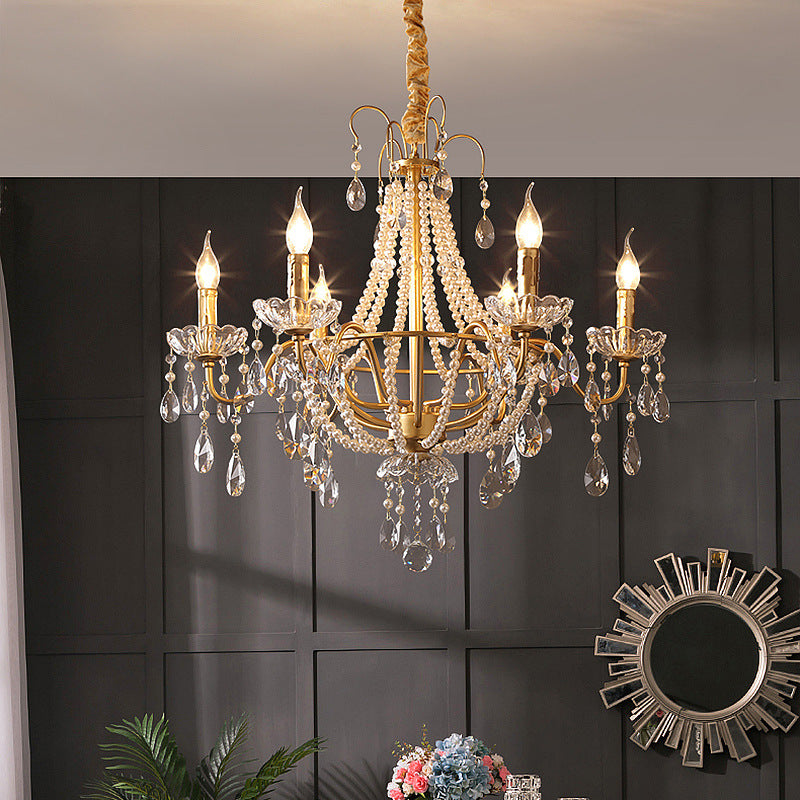 Elegant French Pearl Round Iron Crystal Chandelier for Living Room