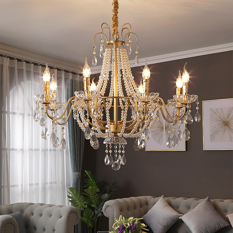 Elegant French Pearl Round Iron Crystal Chandelier for Living Room