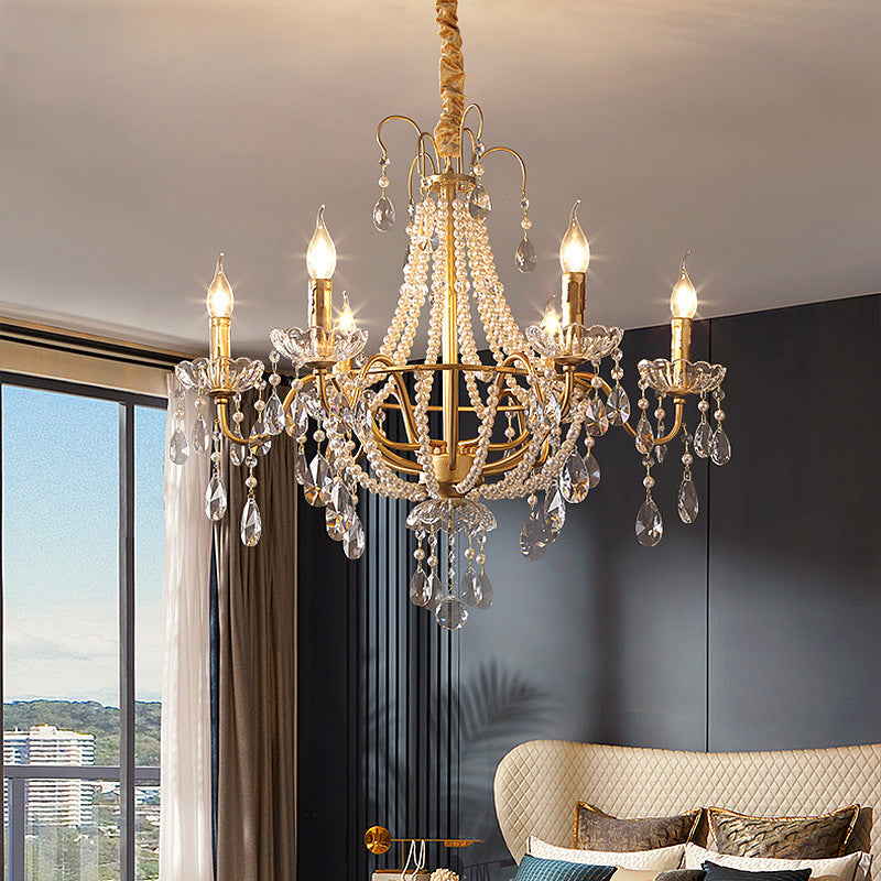 Elegant French Pearl Round Iron Crystal Chandelier for Living Room