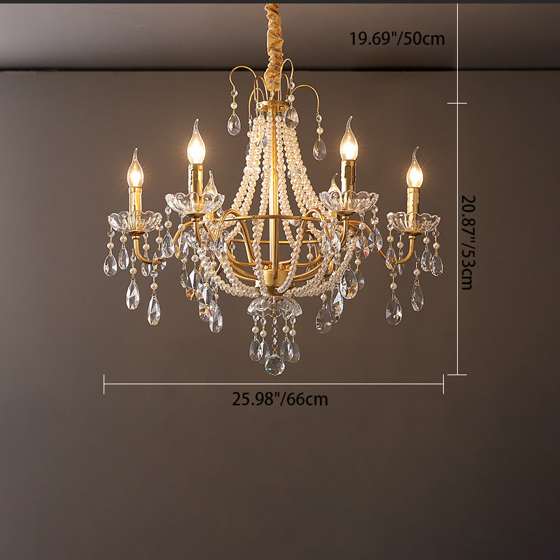 Elegant French Pearl Round Iron Crystal Chandelier for Living Room