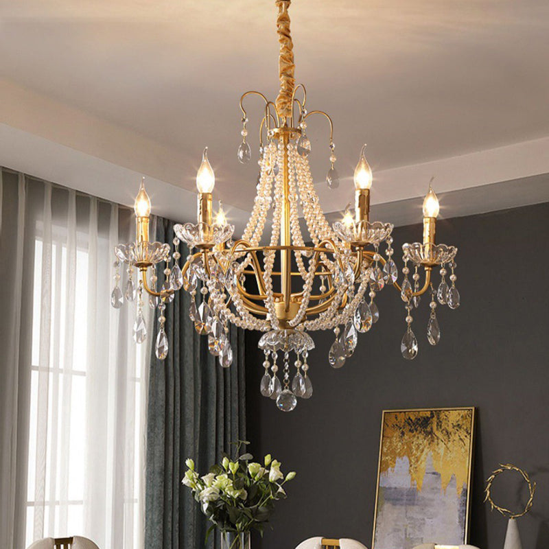 Elegant French Pearl Round Iron Crystal Chandelier for Living Room