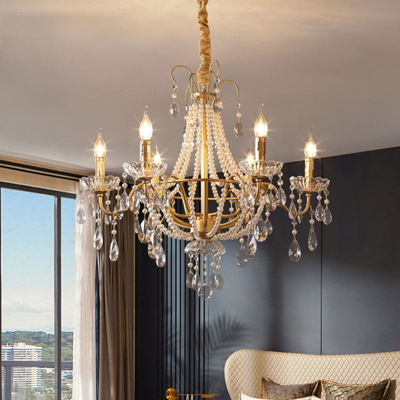 Elegant French Pearl Round Iron Crystal Chandelier for Living Room