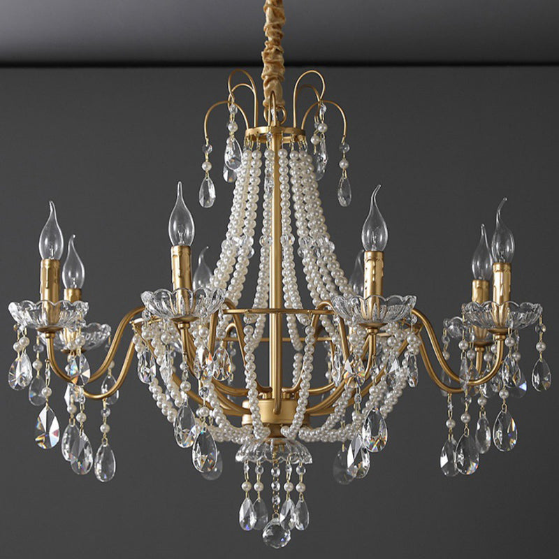 Elegant French Pearl Round Iron Crystal Chandelier for Living Room
