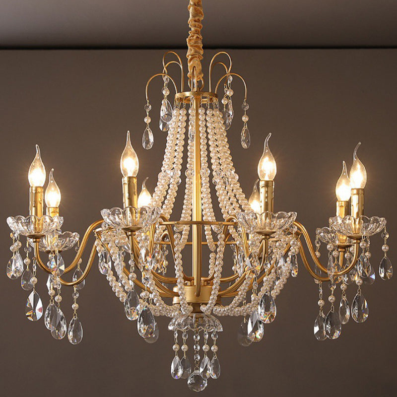 Elegant French Pearl Round Iron Crystal Chandelier for Living Room