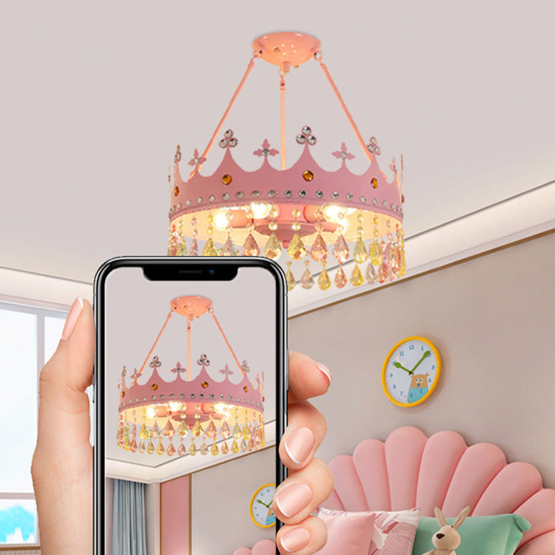 Girls' Modern Round Iron Crystal 5-Light Chandelier for Bedroom Decor