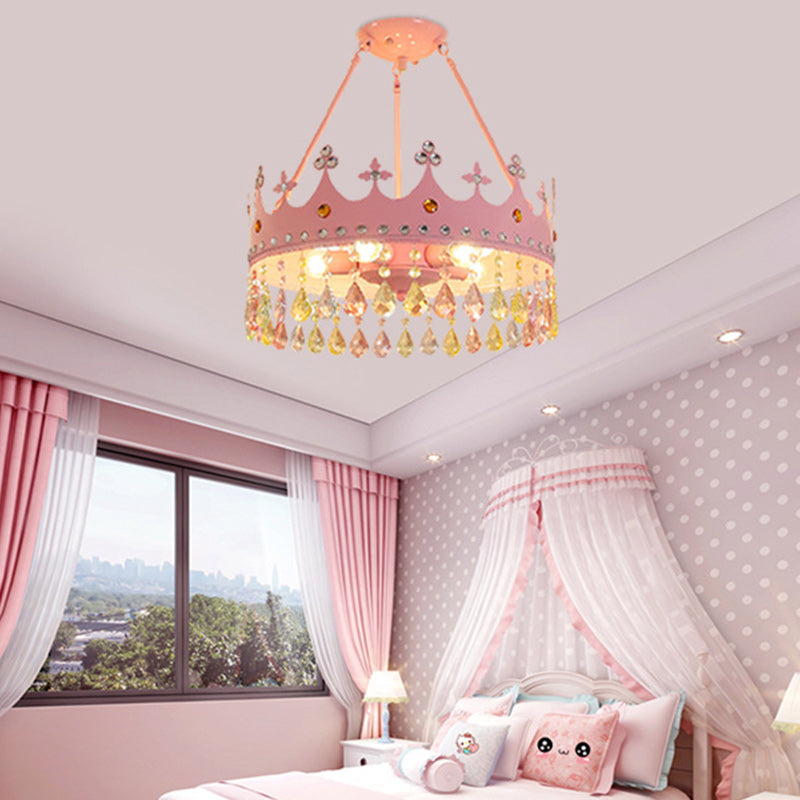 Girls' Modern Round Iron Crystal 5-Light Chandelier for Bedroom Decor