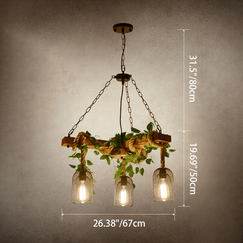 Rustic Round Iron and Wood Hemp Rope Chandelier for Dining Room Lighting