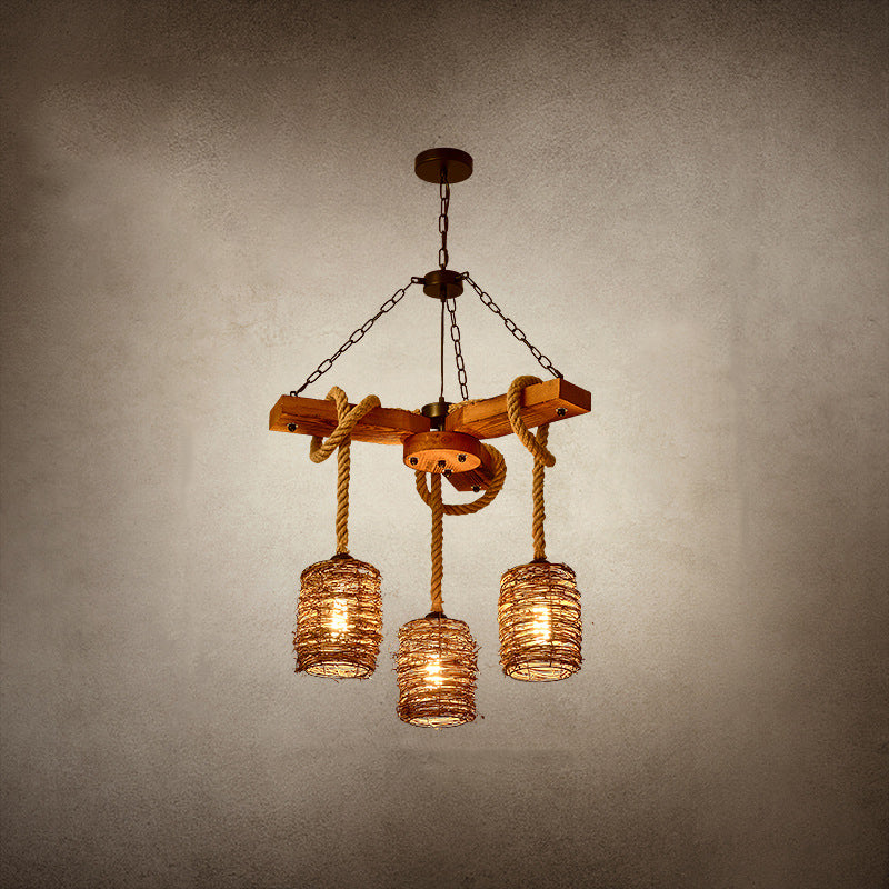 Rustic Round Iron and Wood Hemp Rope Chandelier for Dining Room Lighting