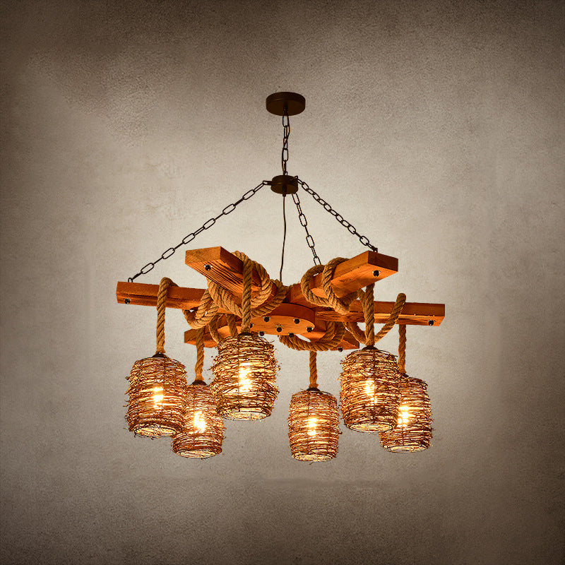 Rustic Round Iron and Wood Hemp Rope Chandelier for Dining Room Lighting