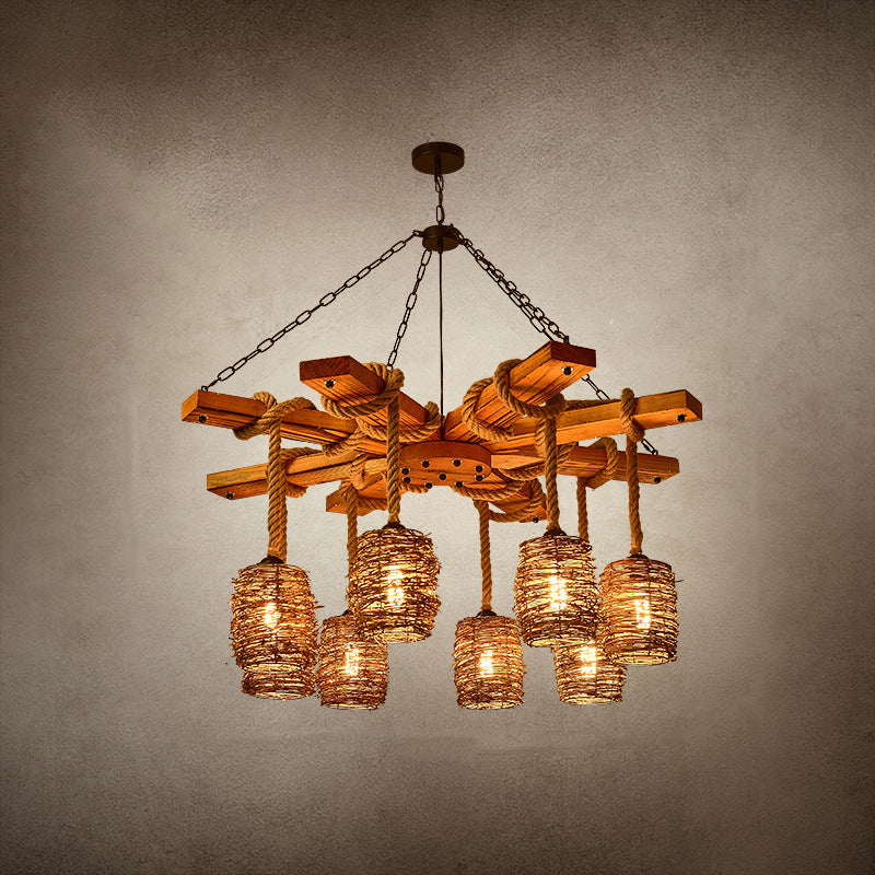 Rustic Round Iron and Wood Hemp Rope Chandelier for Dining Room Lighting