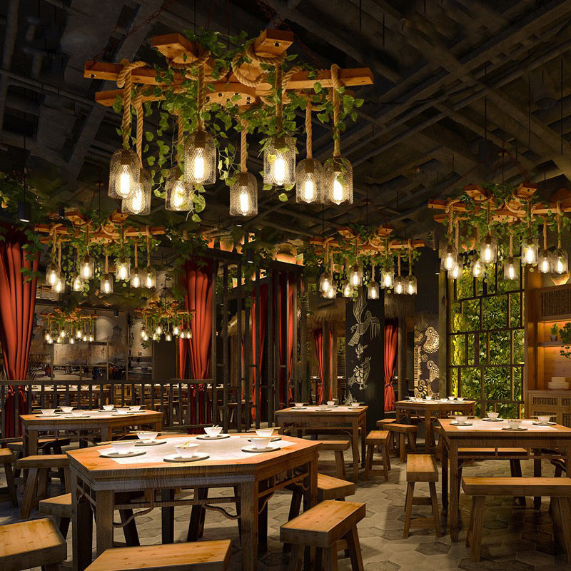 Rustic Round Iron and Wood Hemp Rope Chandelier for Dining Room Lighting