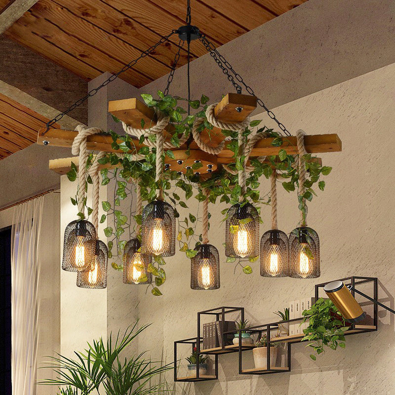 Rustic Round Iron and Wood Hemp Rope Chandelier for Dining Room Lighting