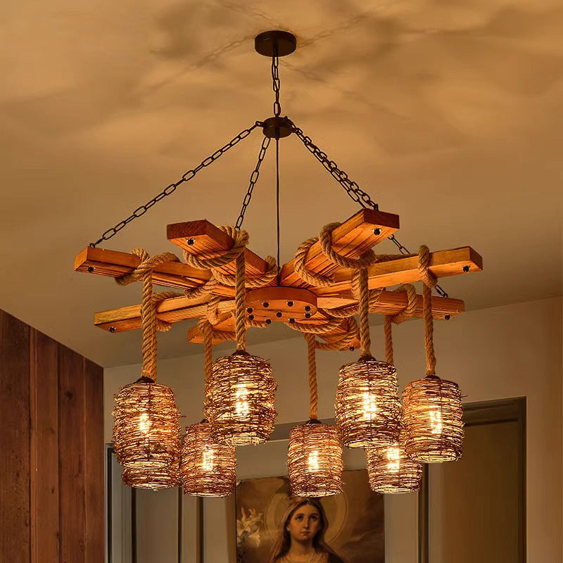 Rustic Round Iron and Wood Hemp Rope Chandelier for Dining Room Lighting