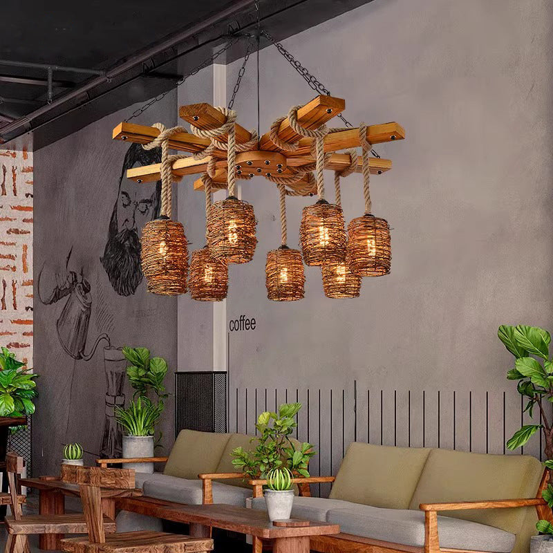 Rustic Round Iron and Wood Hemp Rope Chandelier for Dining Room Lighting