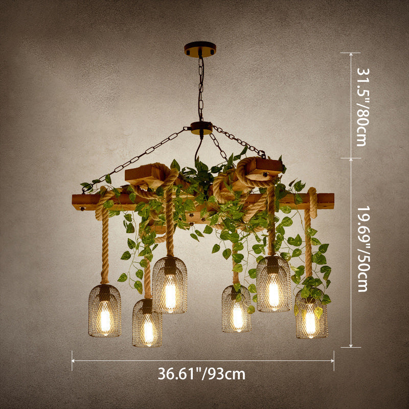 Rustic Round Iron and Wood Hemp Rope Chandelier for Dining Room Lighting