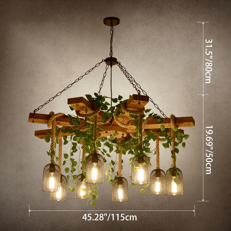 Rustic Round Iron and Wood Hemp Rope Chandelier for Dining Room Lighting