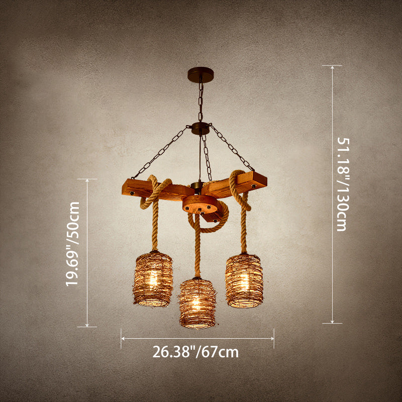 Rustic Round Iron and Wood Hemp Rope Chandelier for Dining Room Lighting