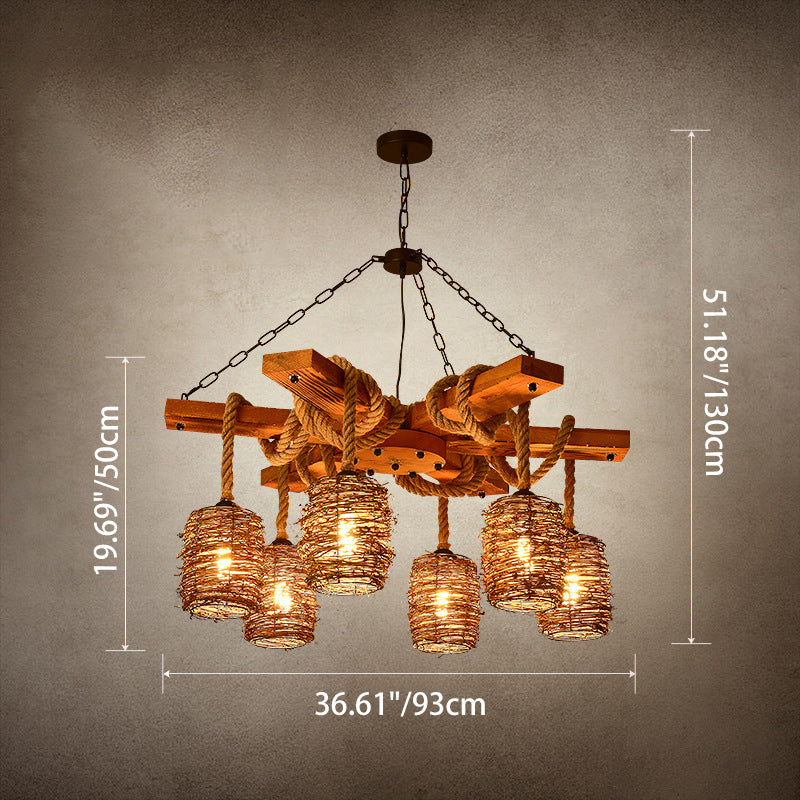 Rustic Round Iron and Wood Hemp Rope Chandelier for Dining Room Lighting