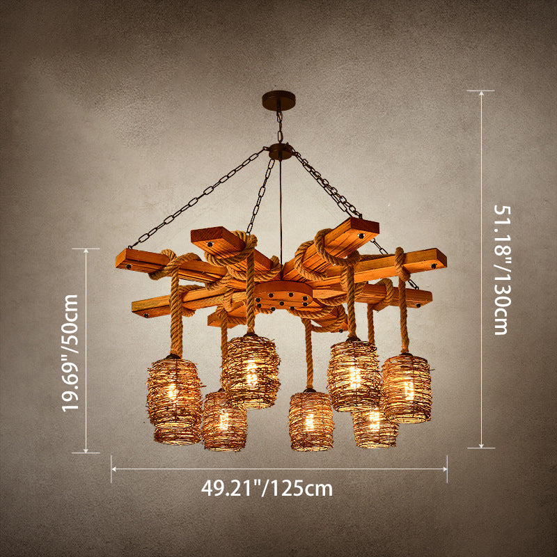 Rustic Round Iron and Wood Hemp Rope Chandelier for Dining Room Lighting