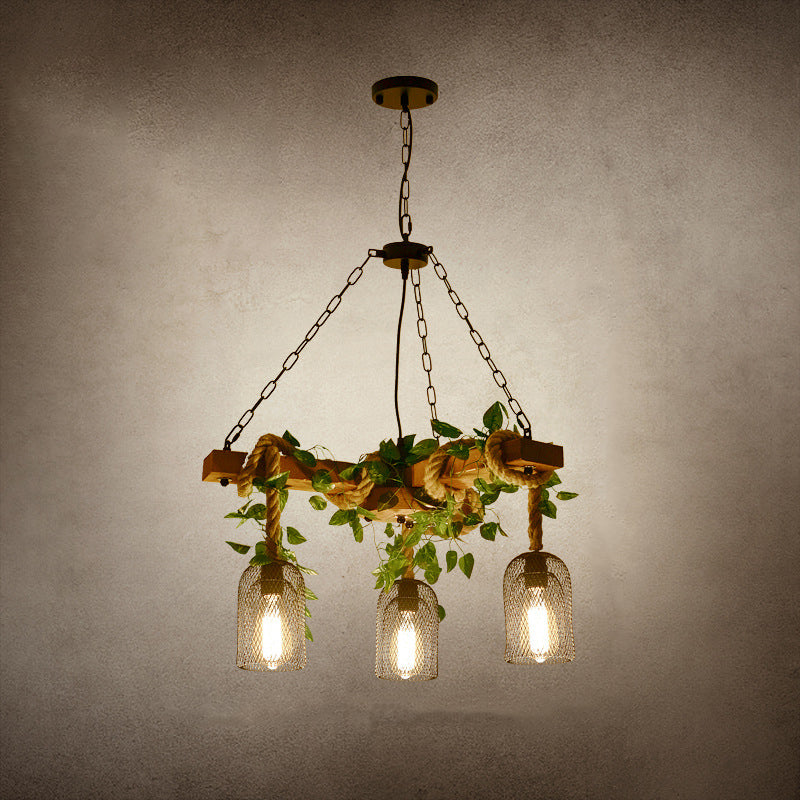 Rustic Round Iron and Wood Hemp Rope Chandelier for Dining Room Lighting